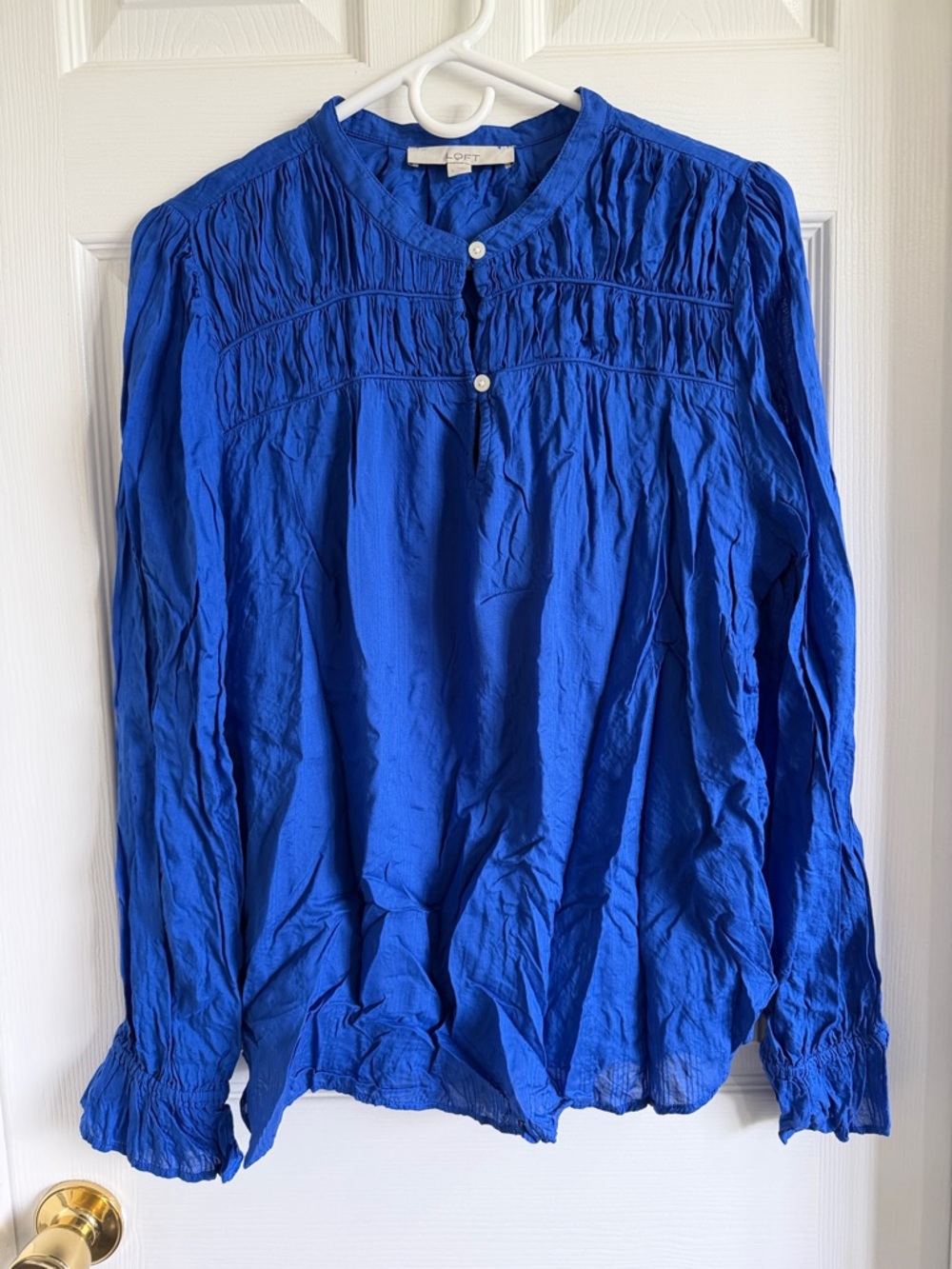 NWOT LOFT Cobalt Blue Long-Sleeve Smocked Yoke Blouse